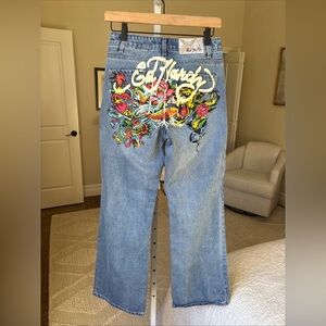 ED HARDY Multi Tattoo Tiger Baggy Big Print Denim Jeans Women’s Size 26 Y2K 90s